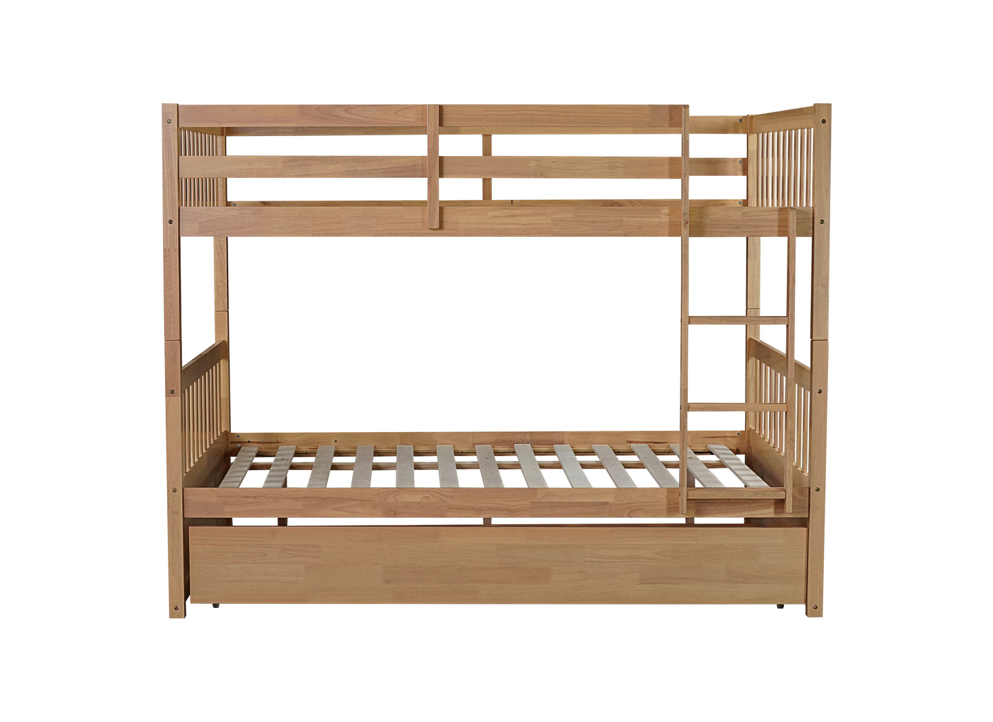 Full Over Full Rubber Wood Bunk Bed with Trundle, Ladder and Guardrails, Convertible to 2 Full Size Beds, with Twin Size Trundle,Natural (Old Sku W504S00180) image 6