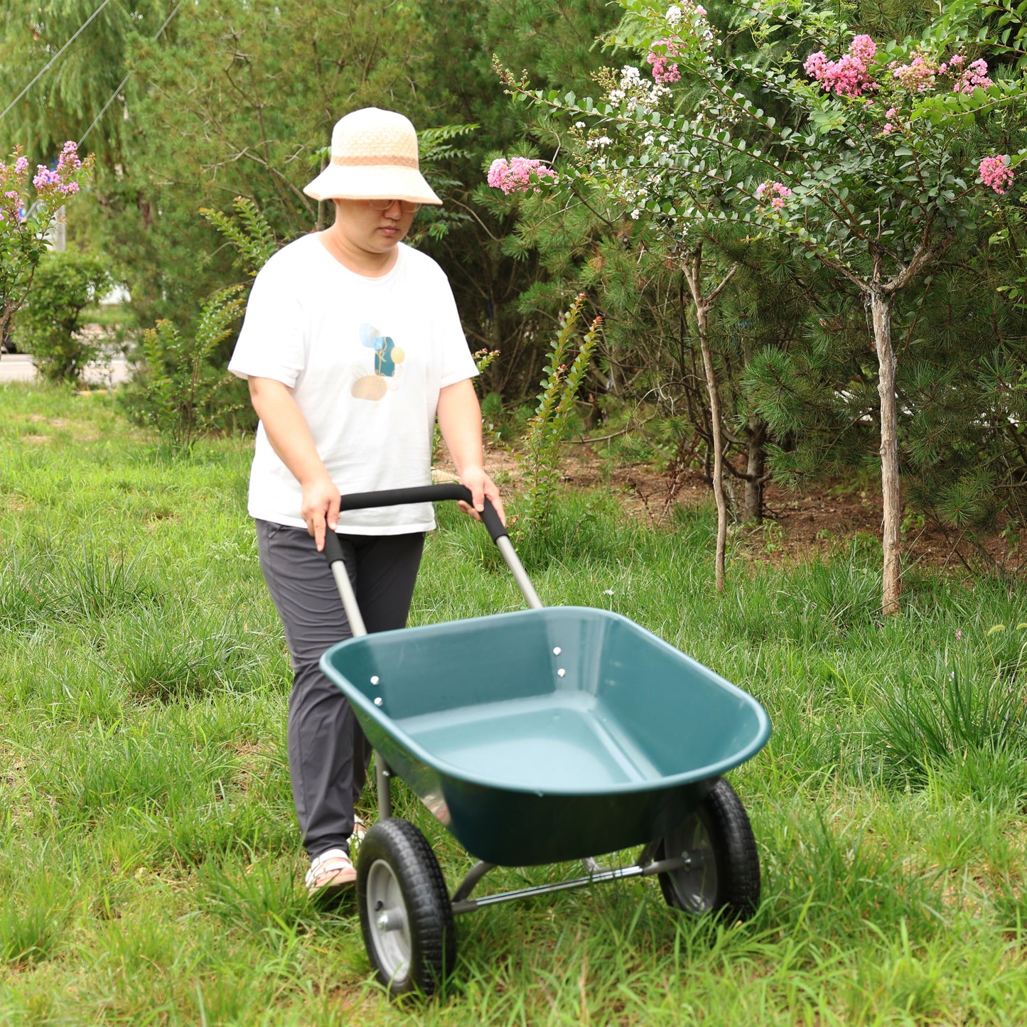 wheel barrow Two wheeled trolley for green garden 15 inch pneumatic wheel WB1001GN image 7