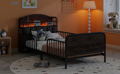 Twin Size Metal Platform Bed Frame with Light, Kids Twin Metal Bed with Upholstered and Pull Out Storage Shelves, Black (Expect Arrival Date 2025/10/5) image 8