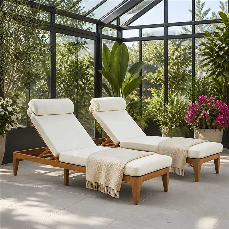 TOPMAX Acacia Wood Chaise Lounge, Outdoor Sun Lounge Chair, Patio Recliner with Adjustable Backrest and Head Pillow for Poolside, Backyard, Garden, Indoor&Outdoor, set of 2, Beige image 2