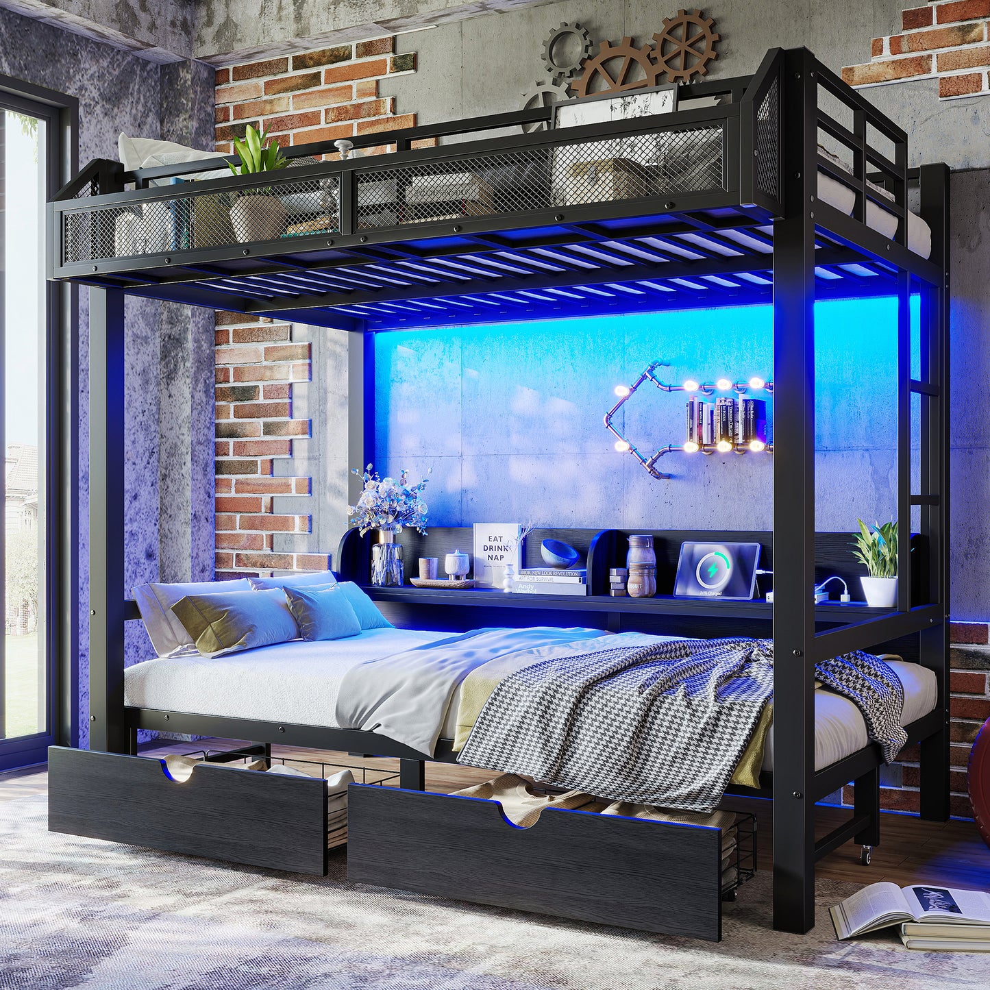 Twin over Twin Bunk Bed with Storage Shelves and Drawers,Multifunctional Metal Bunk Beds with USB Ports and LED Lights, Lower Bed that can be converted into a sofa, Black image 4