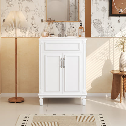24'' Bathroom Vanity with Top Sink, Modern Bathroom Storage Cabinet with 2 Soft-Closing Doors and Adjustable Shelf, Solid Wood Frame image 2