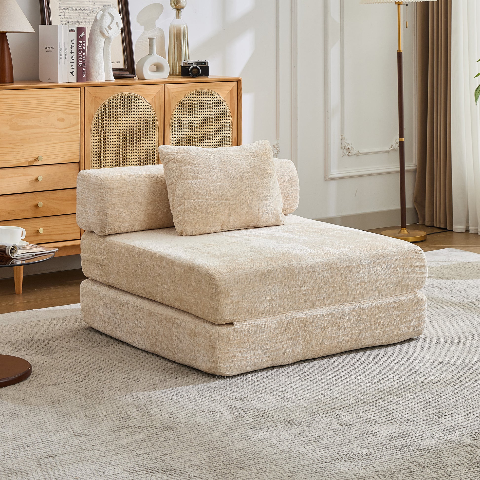 Compression Sofa,Convertible Floor Sofa Bed with Fixed-Shape Frame,Single Seater Boneless Modular Sectional Sofa,No Assembly Required,Chenille fabric,for Living Room Bedroom,Beige image 1