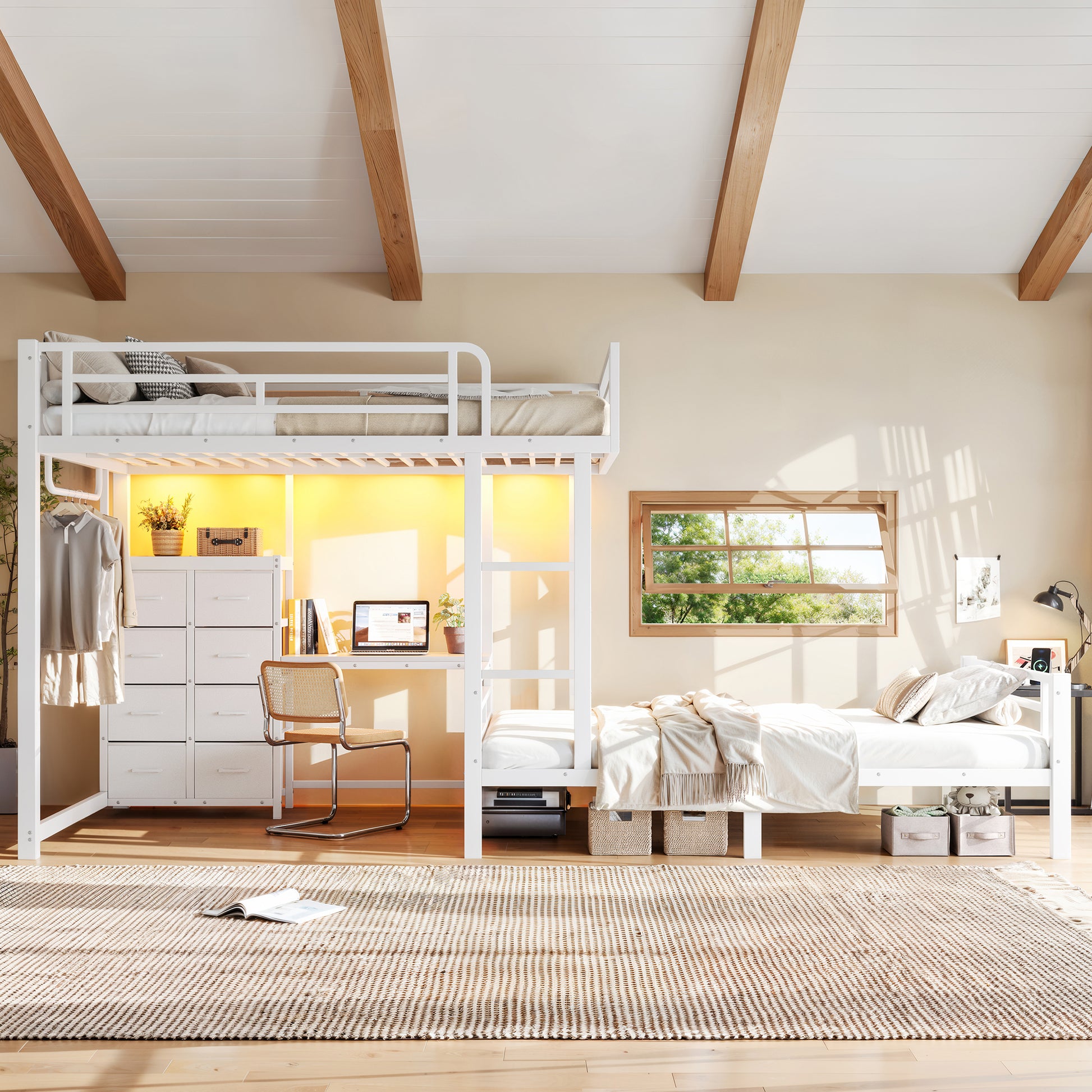 Full over Full Size with 8 Storage Drawers,Built in Bunk bed with Shelves,Bunk bed with Study Desk,Garment Hanging Rod and detachable hanging USB, Sturdy Steel Bed frame for Kids,Teens,adults,white image 5