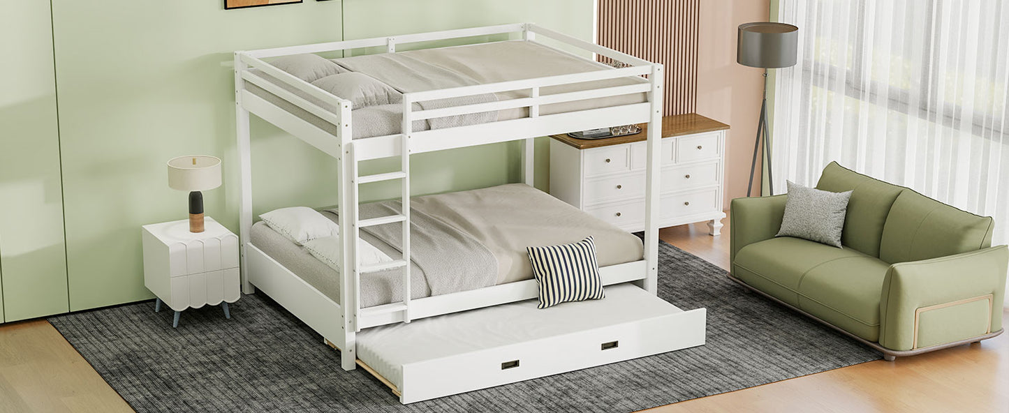 Wood Queen Size Bunk Bed with Ladder and Trundle, White image 9