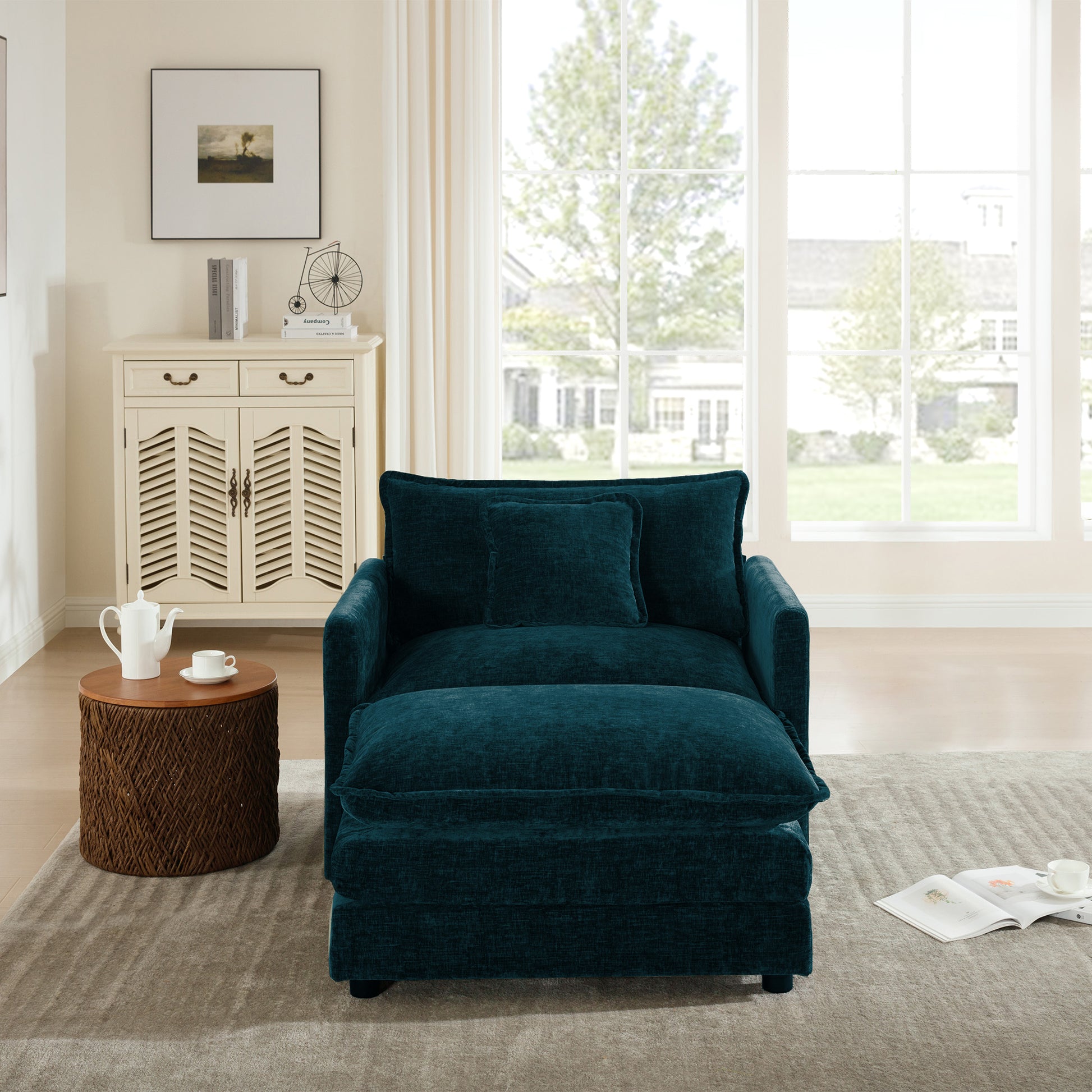 Modern Accent Chair with Ottoman, Living Room Club Chair Chenille Upholstered Armchair, Reading Chair for Bedroom, Blue Chenille image 2