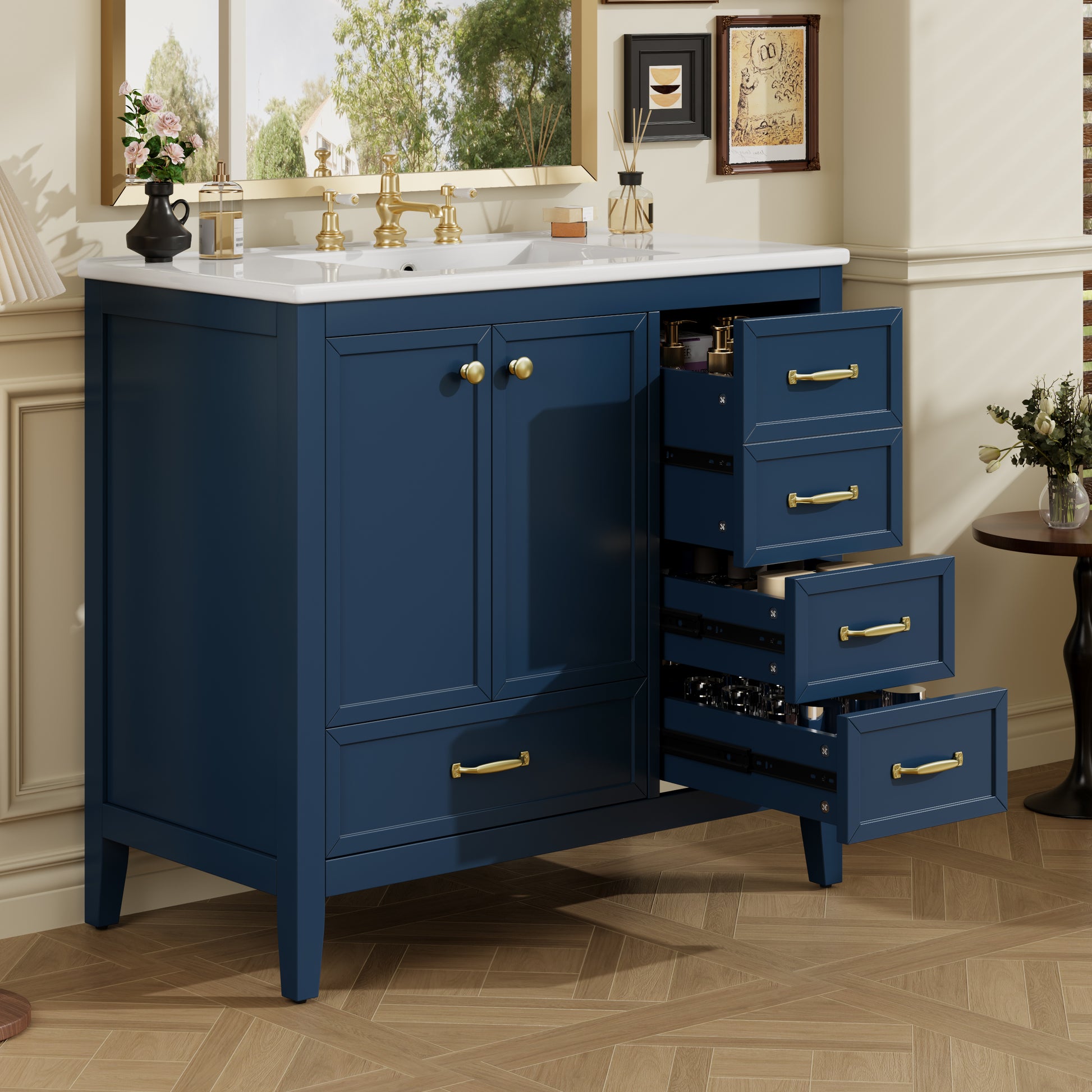 36" Bathroom Vanity with Sink, Bathroom Cabinet with Soft-Closing Door, 4 Drawers of Different Sizes, Solid Wood Frame and Leg, Two Packages, Blue image 5