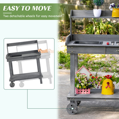 Outsunny 36'' Wooden Potting Bench Work Table with 2 Removable Wheels, Sink, Drawer & Large Storage Spaces, Gray image 6