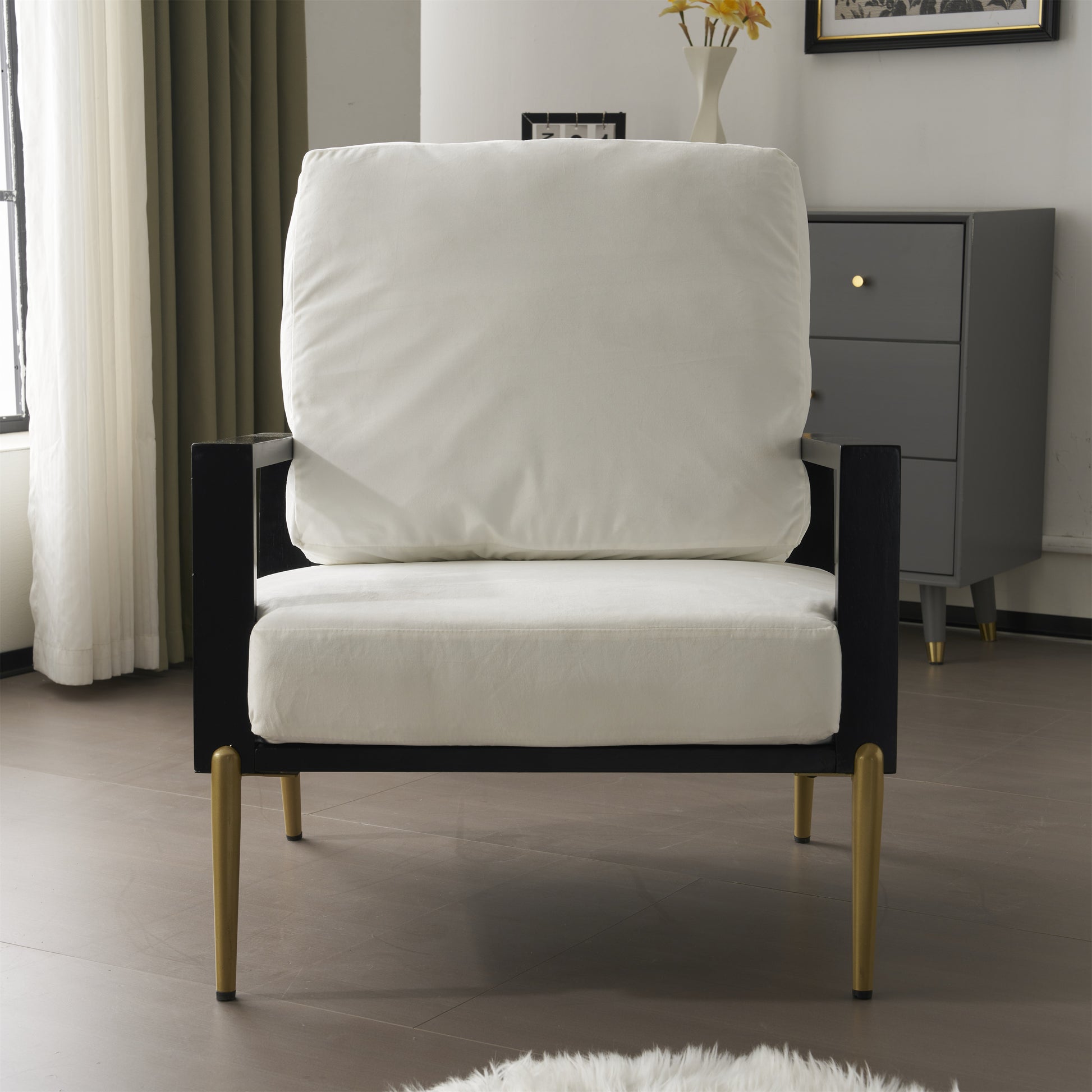 Upholstered Accent Chair, Velvet Lounge Arm Chair with Solid Wood Frame, Living Room Chairs with Metal Legs for Reading Chair for Balcony, Living Room and Bedroom, White image 7