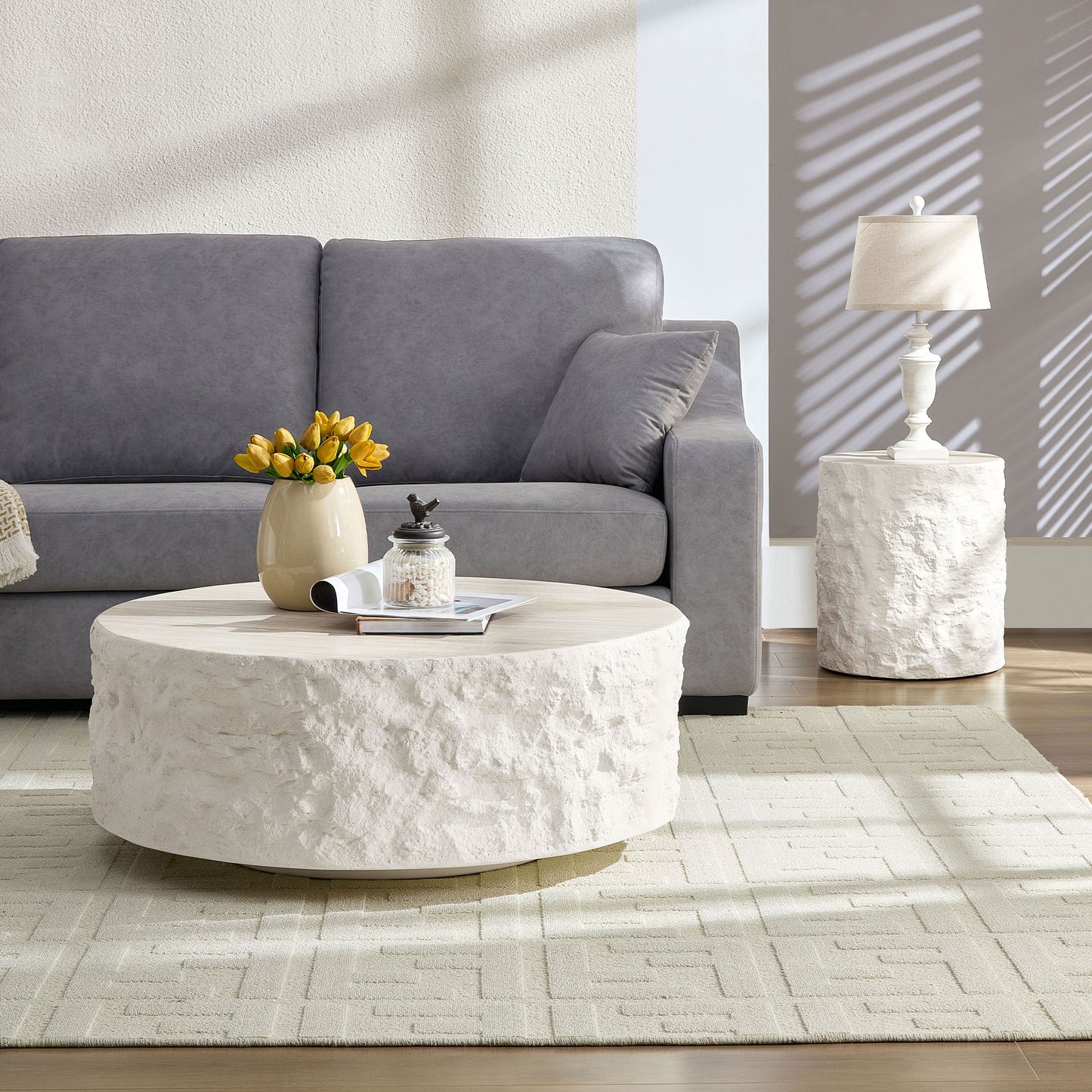 15.75 Inch Side Table,Round Fiberglass Coffee Table for Living Room,Bedroom,Modern Design Imitation Stone End Table for Apartment,No Need Assembly,Beige image 8