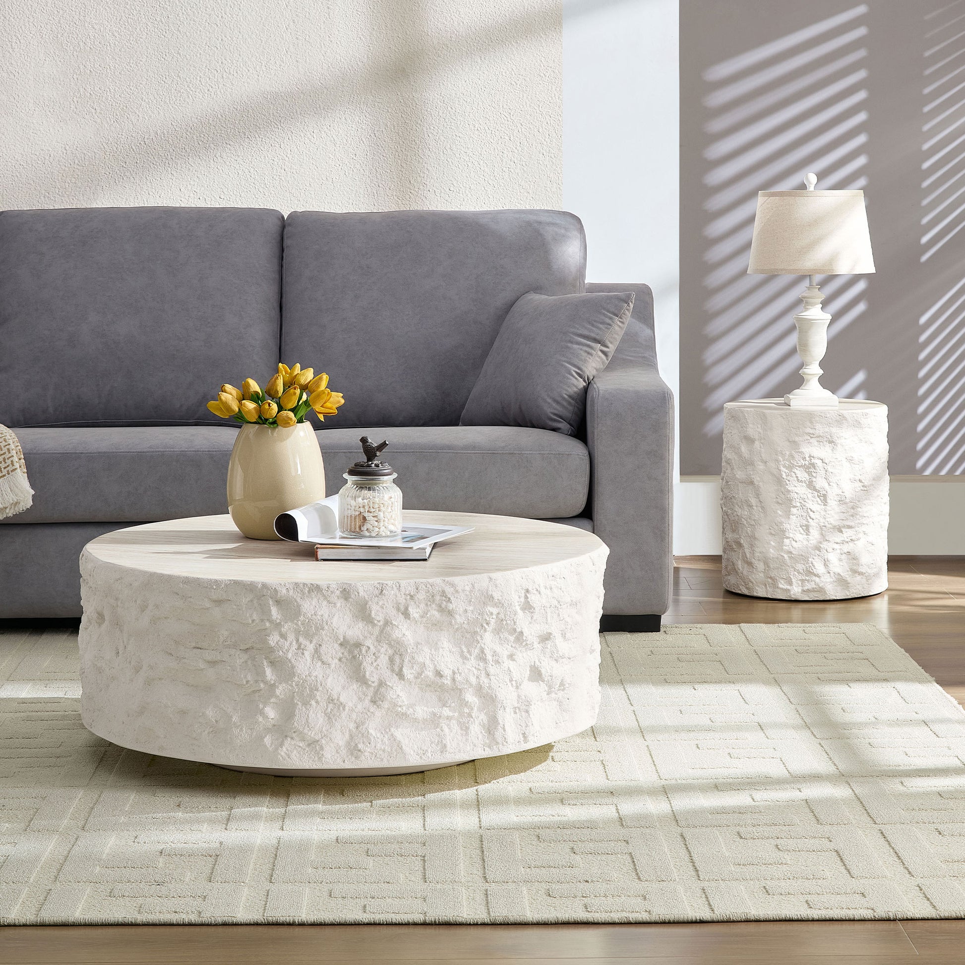15.75 Inch Side Table,Round Fiberglass Coffee Table for Living Room,Bedroom,Modern Design Imitation Stone End Table for Apartment,No Need Assembly,Beige image 8