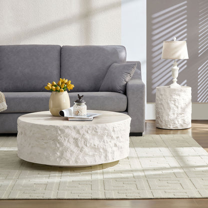 15.75 Inch Side Table,Round Fiberglass Coffee Table for Living Room,Bedroom,Modern Design Imitation Stone End Table for Apartment,No Need Assembly,Beige image 8