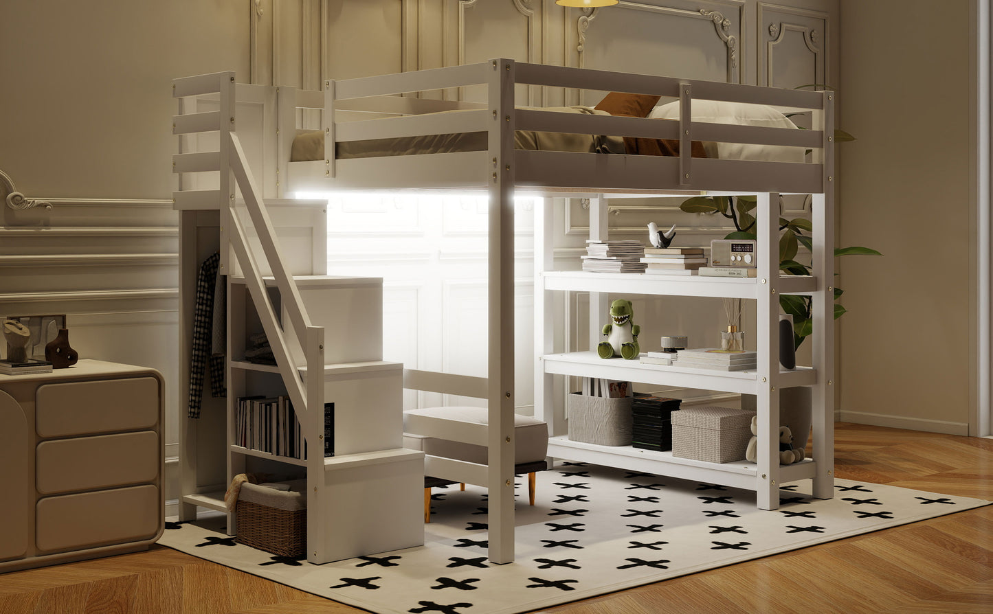 Full Size Loft Bed with Shelves, Storage Staircase, Small Wardrobe and White LED Light, White(Old SKU:N7090000472K) image 7