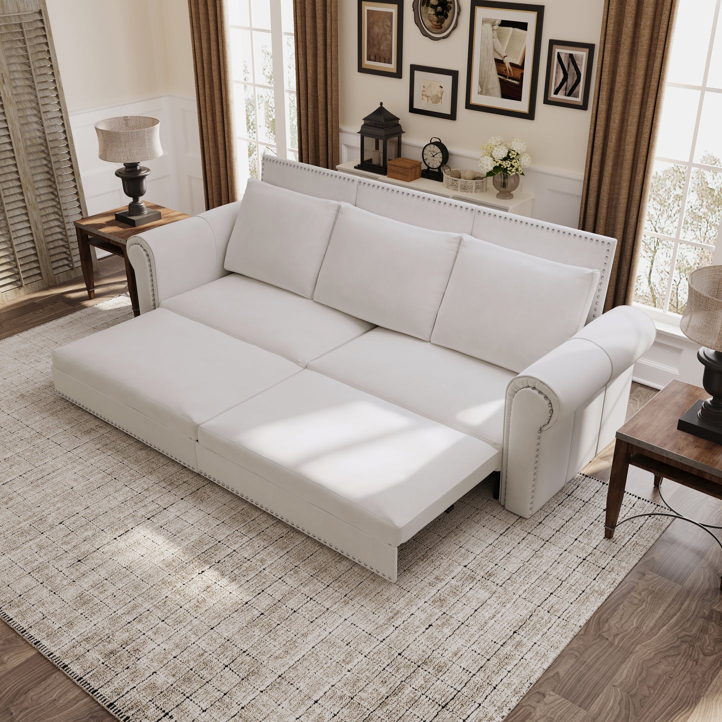 Chesterfield Sofa,93.7" King Pull Out Sofa Bed,3-in-1 Velvet Convertible Sleeper Sofa with Nailhead Trim & Rolled Arm,Multi-Functional Sofa Bed for Living Room,Bedroom,Beige/White(old sku:W1885S00036) image 3