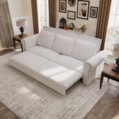 Chesterfield Sofa,93.7" King Pull Out Sofa Bed,3-in-1 Velvet Convertible Sleeper Sofa with Nailhead Trim & Rolled Arm,Multi-Functional Sofa Bed for Living Room,Bedroom,Beige/White(old sku:W1885S00036) image 3