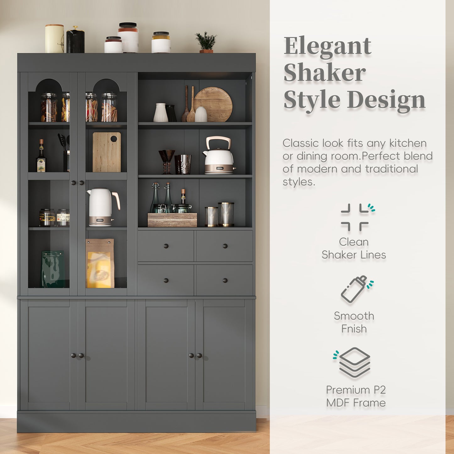 [Assembly Video Provided] TOPMAX 47.2x15.7x75inch Freestanding Buffet with Hutch, Tall Kitchen Pantry Cabinet with 4 Drawers, Door Shelves and Pull-out Trays for Dining room, Living Room, Gray image 8