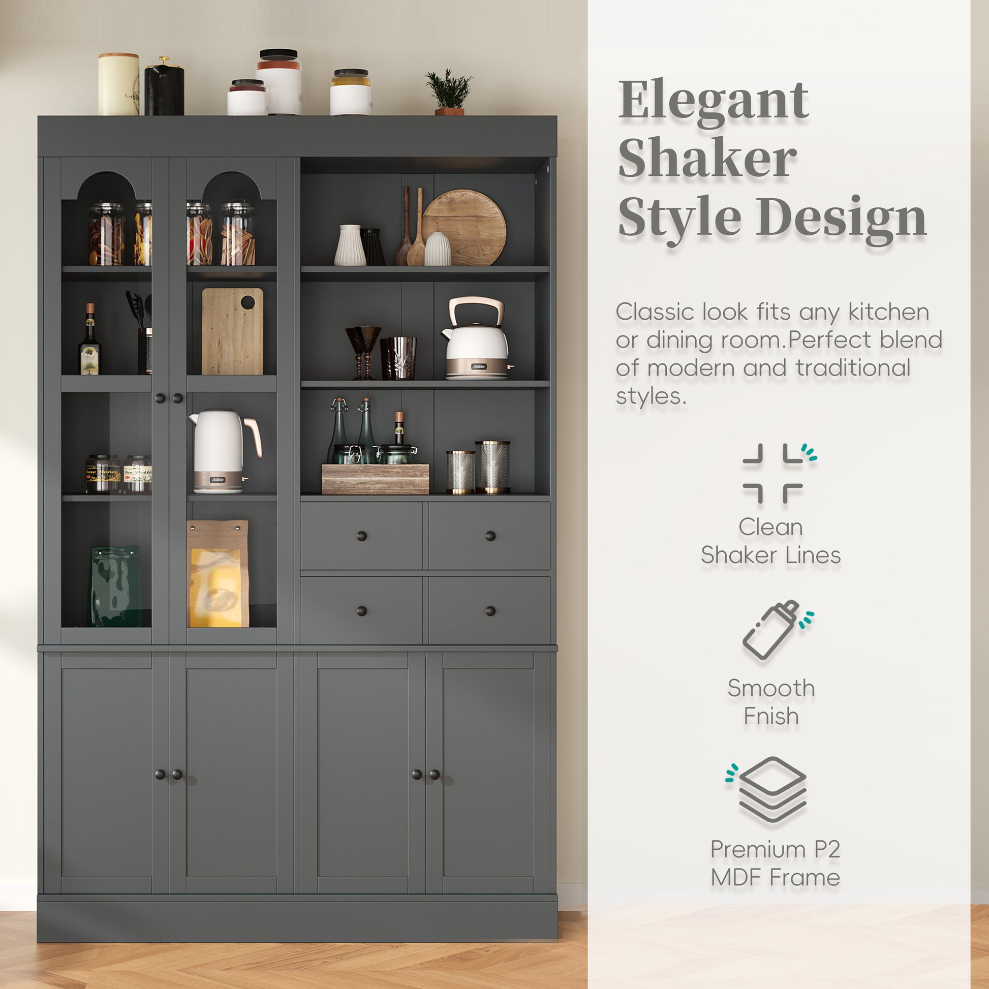 [Assembly Video Provided] TOPMAX 47.2x15.7x75inch Freestanding Buffet with Hutch, Tall Kitchen Pantry Cabinet with 4 Drawers, Door Shelves and Pull-out Trays for Dining room, Living Room, Gray image 8