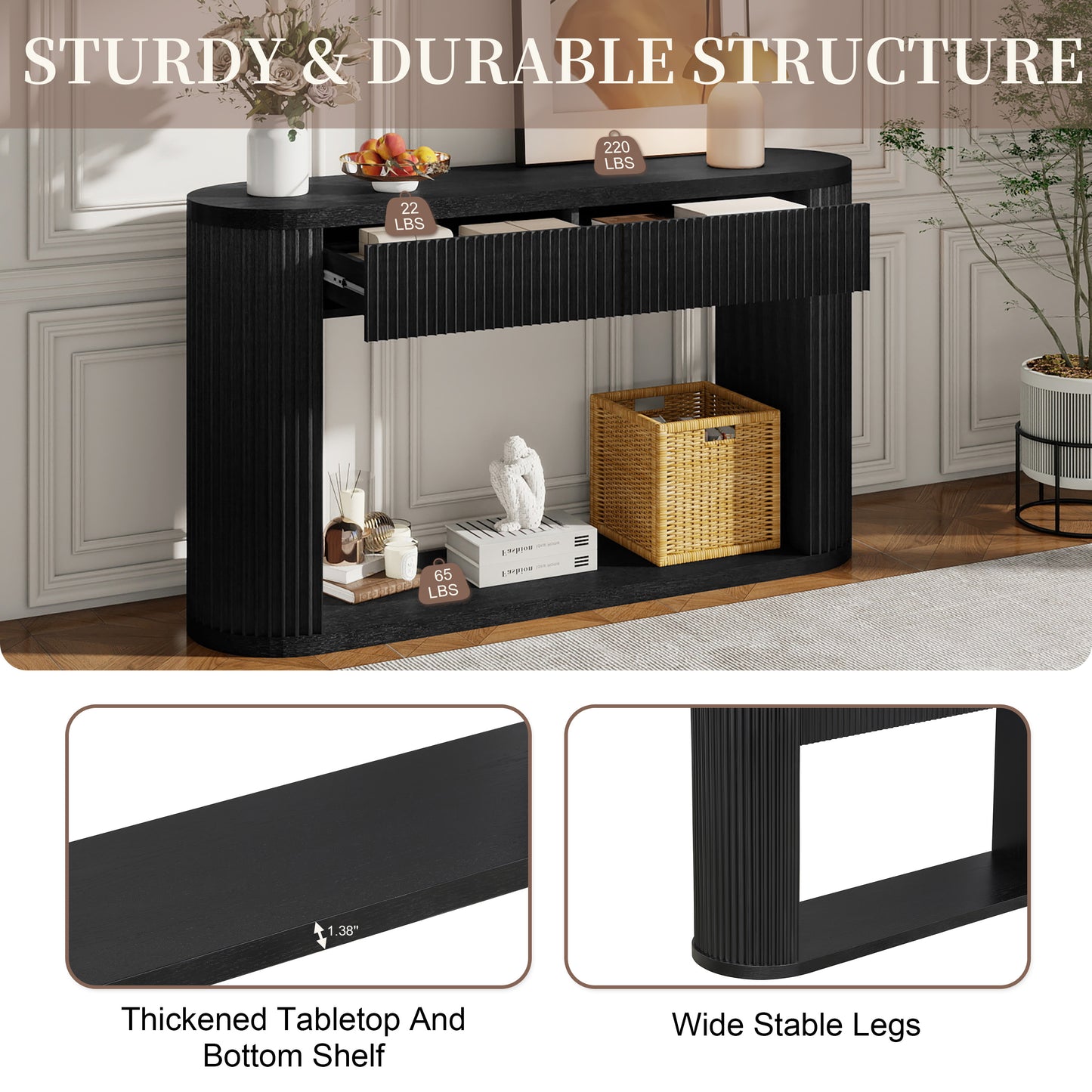 TREXM Oval Fluted Console Table with 2 Drawers and Bottom Shelf, Wood Entryway Table with Smooth Metal Slides for Living Room, Entryway (Black) image 12