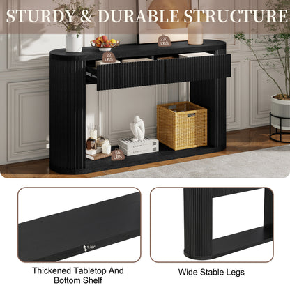 TREXM Oval Fluted Console Table with 2 Drawers and Bottom Shelf, Wood Entryway Table with Smooth Metal Slides for Living Room, Entryway (Black) image 12