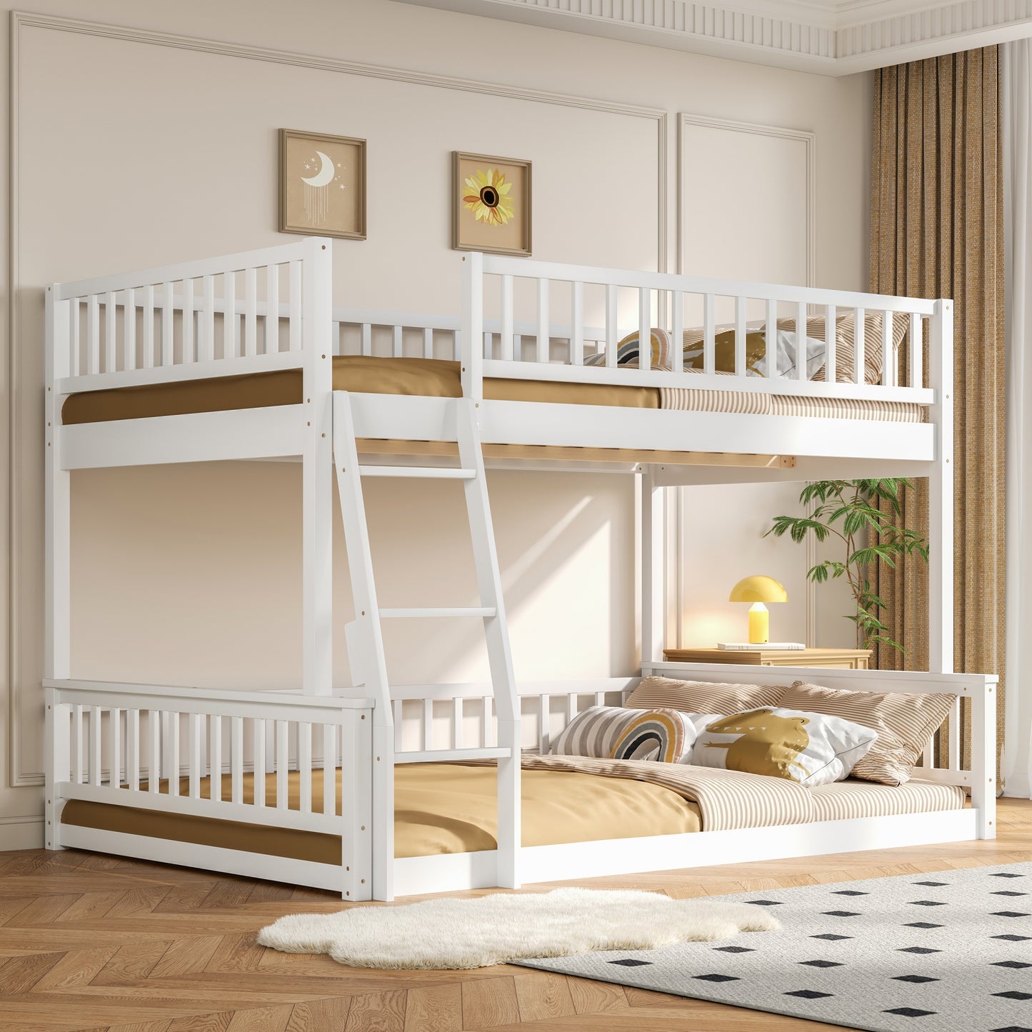 Full XL over Queen Bunk Bed with Ladder and Guardrails, White image 1