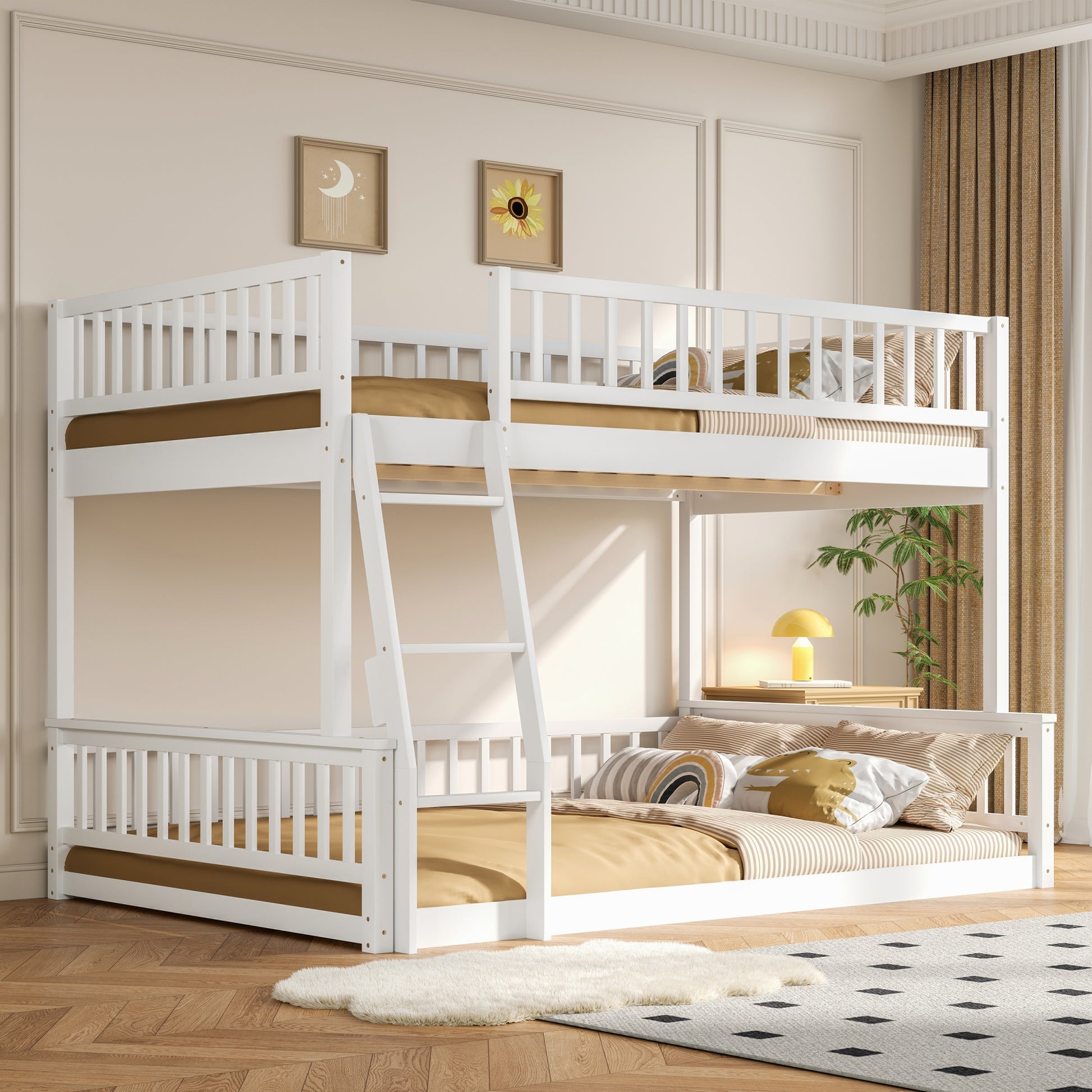 Full XL over Queen Bunk Bed with Ladder and Guardrails, White image 1
