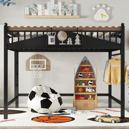 Queen Size Loft Bed with Ladders, Metal Loft Bed with Storage Shelves and bookshelf, No Box Spring Needed and Chic Design, Black image 2