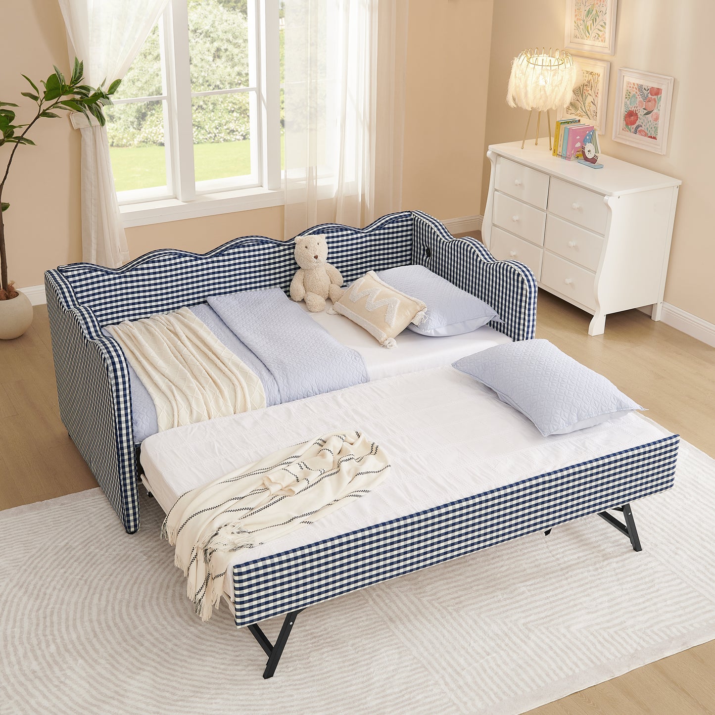 Cozy Gingham Daybed with Trundle Twin Size Sofa Bed No Box Spring Needed, with USB Port and Adorable Wave Shaped, Linen Fabric, Navy image 1