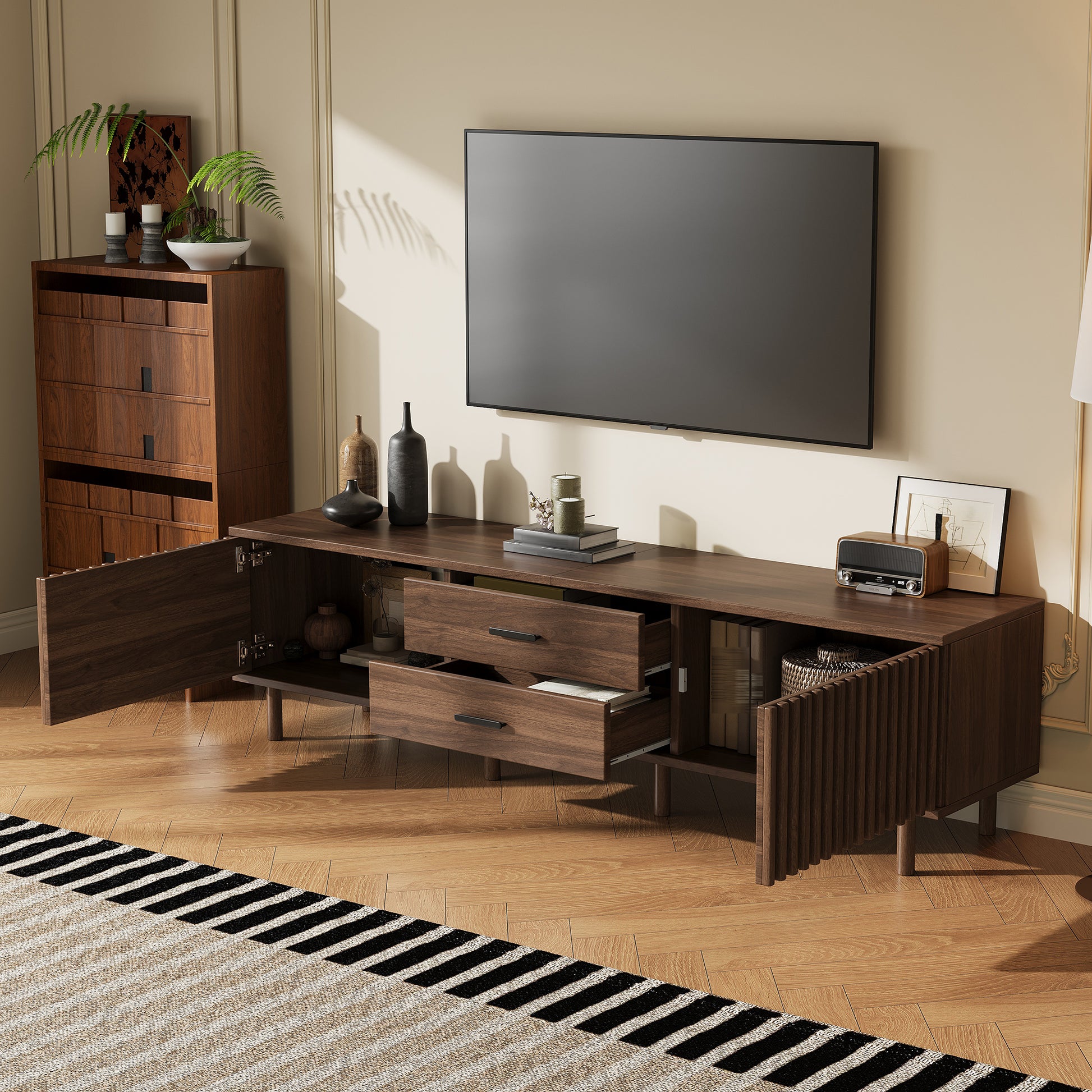 70inch Modern TV Stand for TVs up to 80 inches for Living Room, Media Entertainment Center with Ample Storage & Solid-Wood Legs image 2
