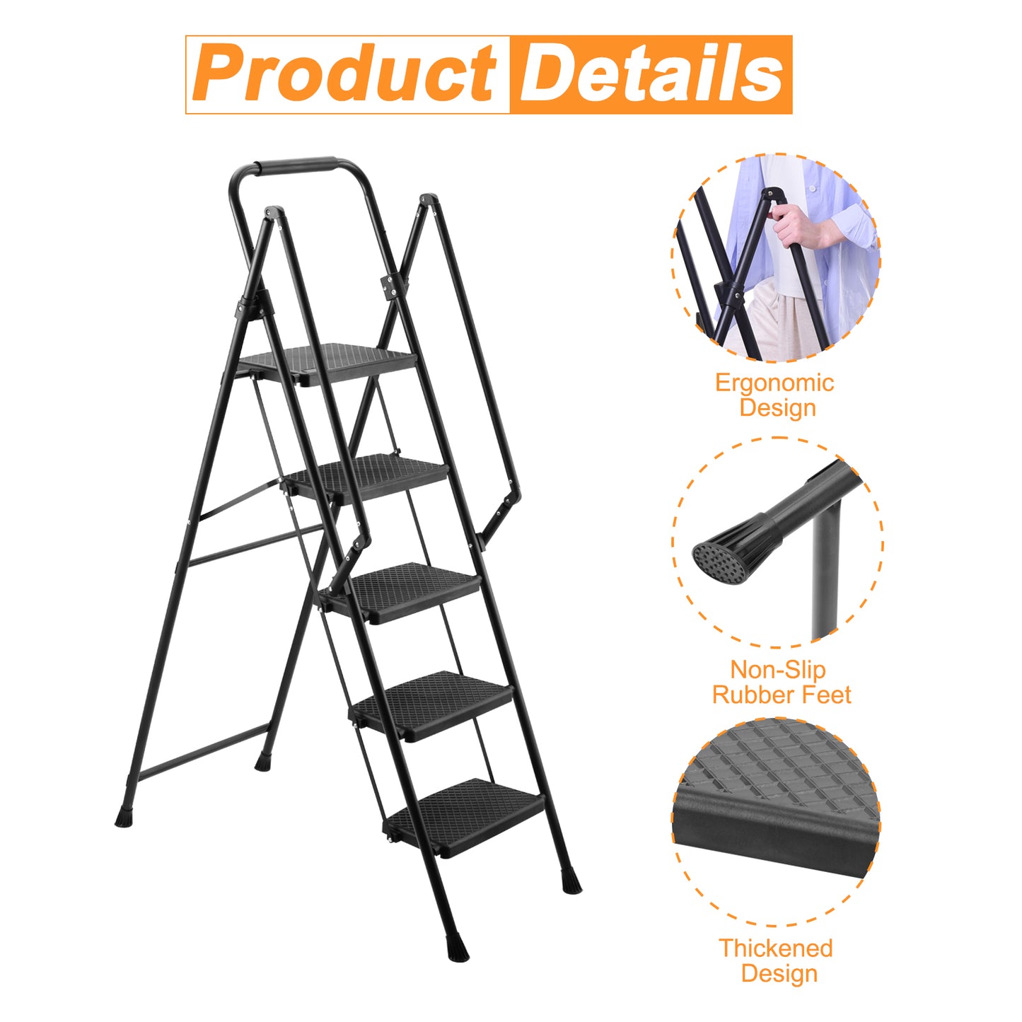 5-step ladder, folding ladder stool, with anti slip wide pedals, steel ladder, with safety anti slip handle, lightweight 330 pound portable steel ladder stool in black image 6