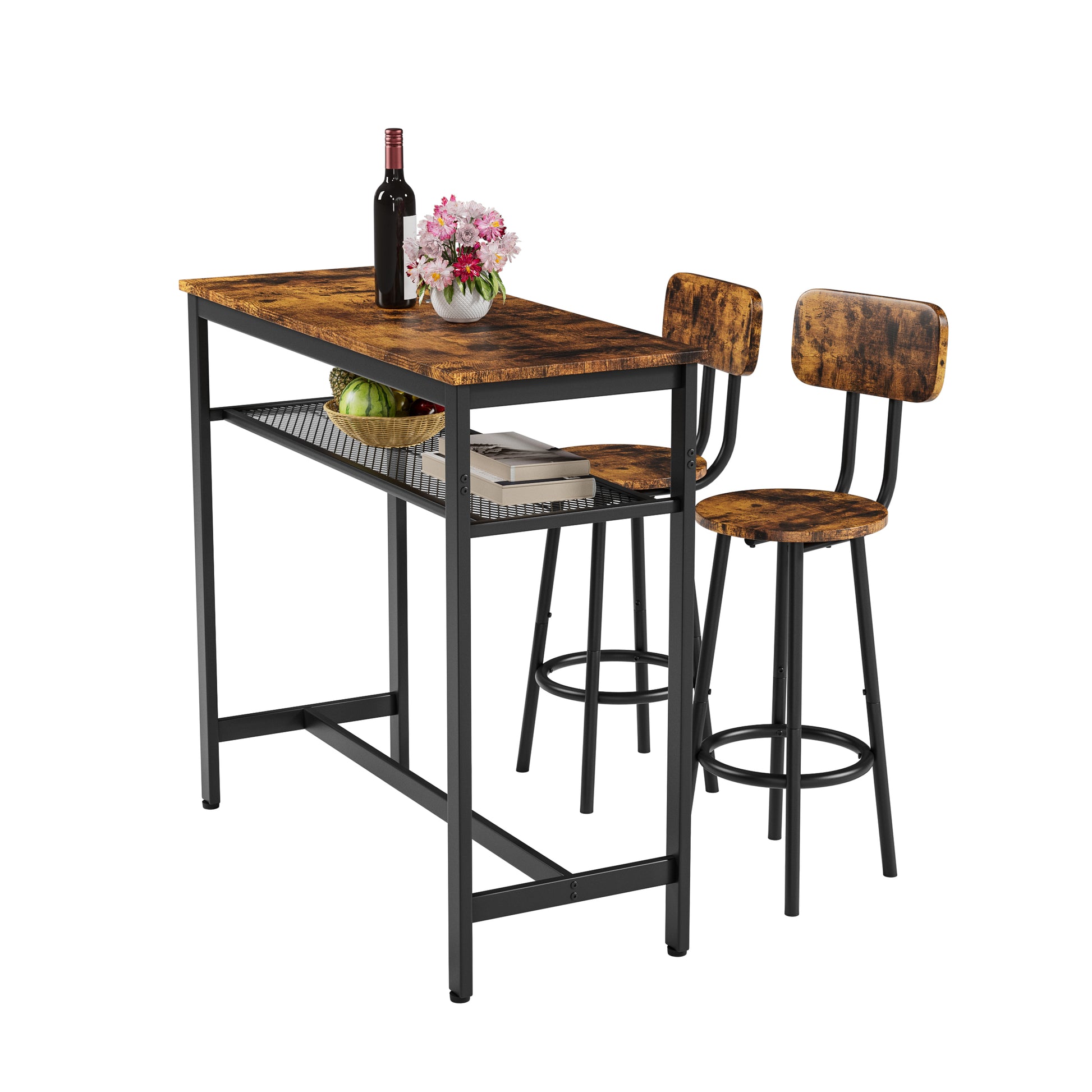 Bar table, equipped with 2 bar stools, with backrest and partition (Rustic Brown) image 10