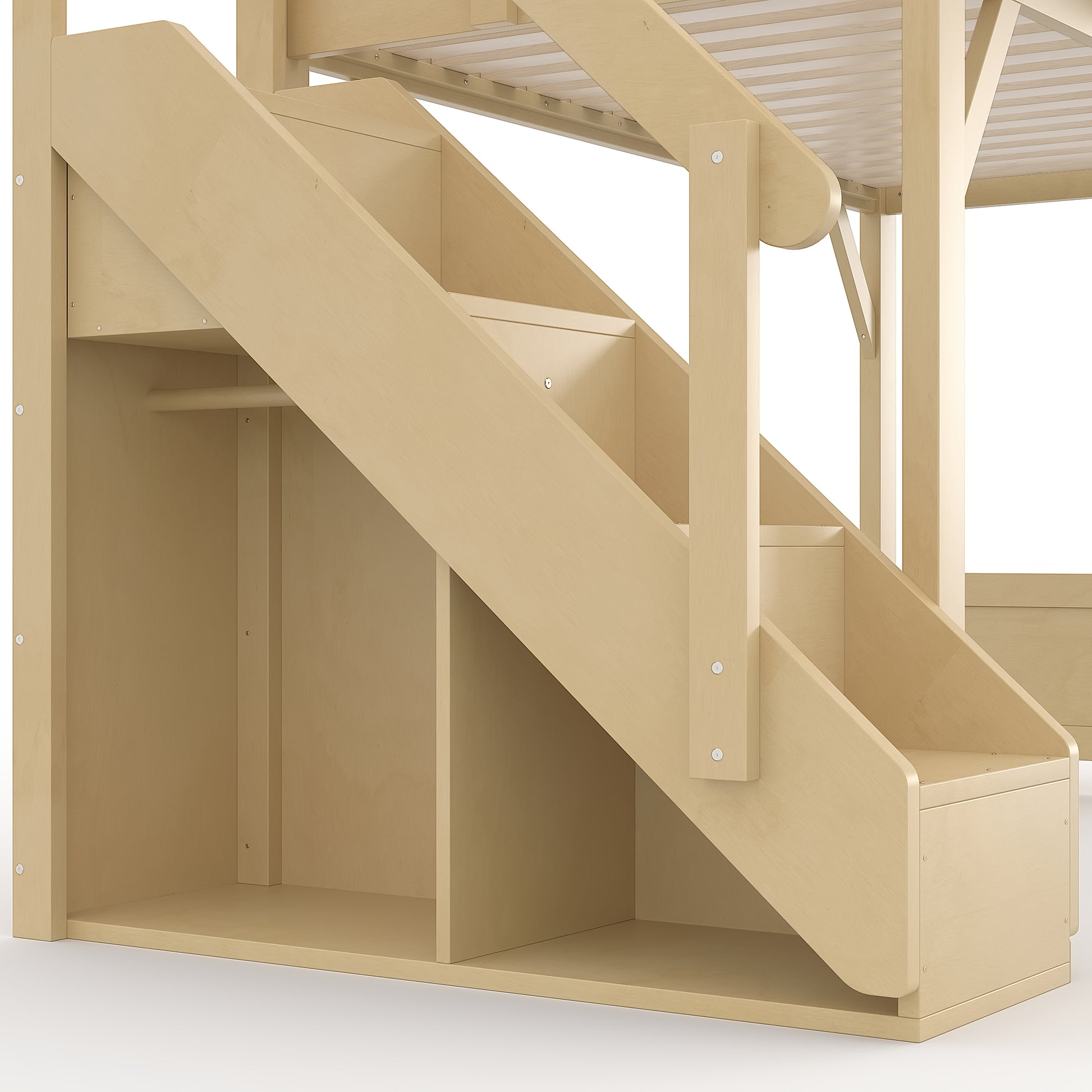 Twin Size Loft Bed with Built-in Wardrobe and Storage Space, Solid Wood Loft Bed with Beside Shelves, Full-length Guardrails and Stairs, No Box Spring Needed, Natural image 9