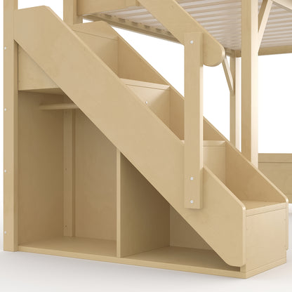 Twin Size Loft Bed with Built-in Wardrobe and Storage Space, Solid Wood Loft Bed with Beside Shelves, Full-length Guardrails and Stairs, No Box Spring Needed, Natural image 9