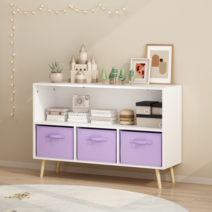 Kids bookcase with Collapsible Fabric Drawers, Children's Book Display, Toy Storage Cabinet Organizer, White/Purple image 1