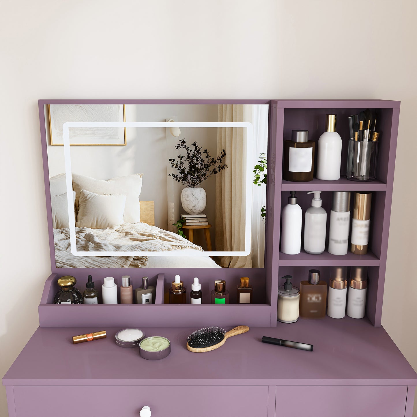 Stylish Vanity Desk Set with Padded Stool & Adjustable LED Lighted Mirror (3 Color Modes), Modern Bedroom Makeup Vanity Desk Combo, Purple image 12