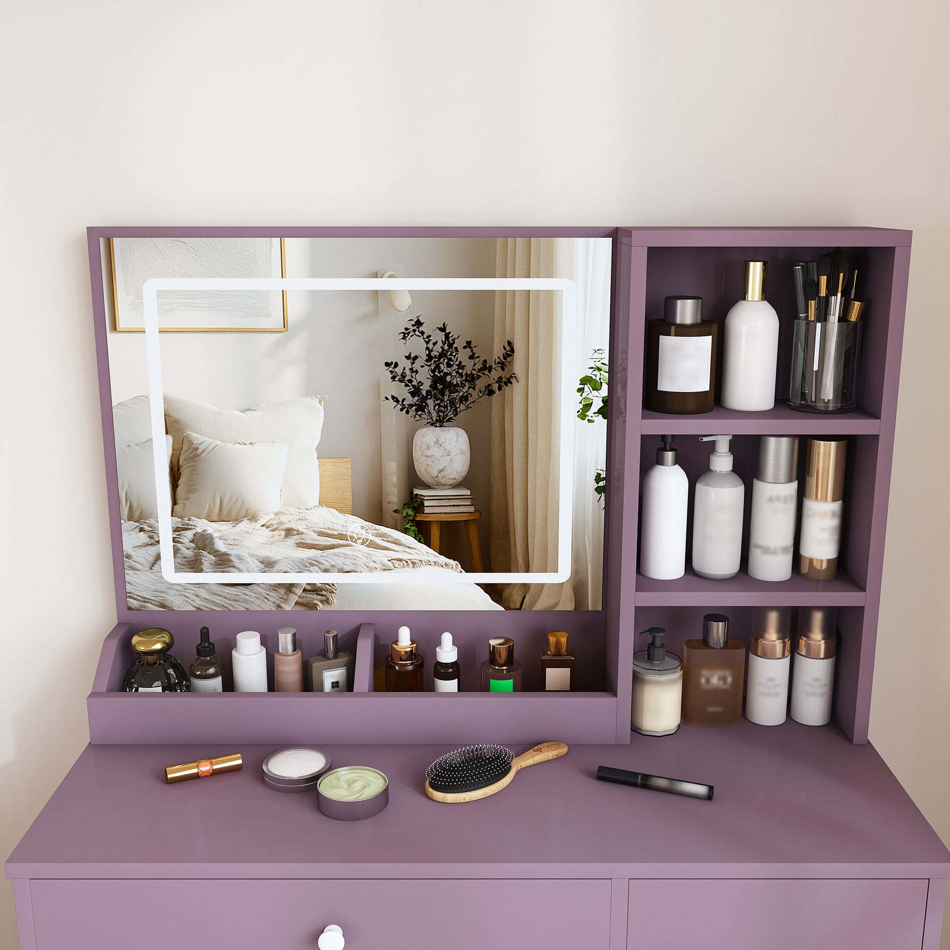 Stylish Vanity Desk Set with Padded Stool & Adjustable LED Lighted Mirror (3 Color Modes), Modern Bedroom Makeup Vanity Desk Combo, Purple image 12