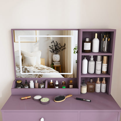 Stylish Vanity Desk Set with Padded Stool & Adjustable LED Lighted Mirror (3 Color Modes), Modern Bedroom Makeup Vanity Desk Combo, Purple image 12