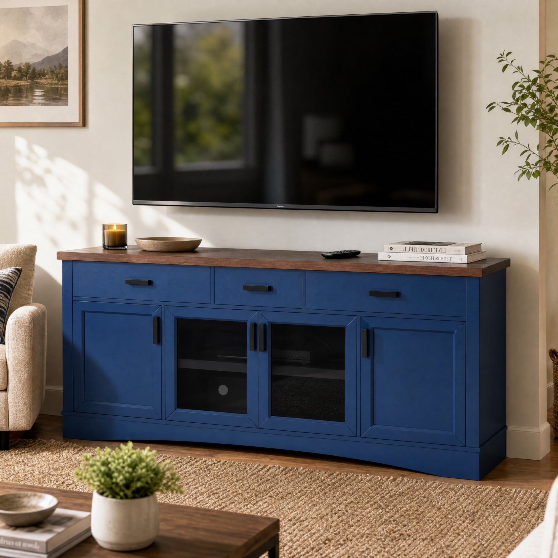 Modern Blue TV Console, 67" Width TV Stand, Glass Doors & Storage Drawers, Adjustable Shelves (Old SKU:N779P296233B) image 10