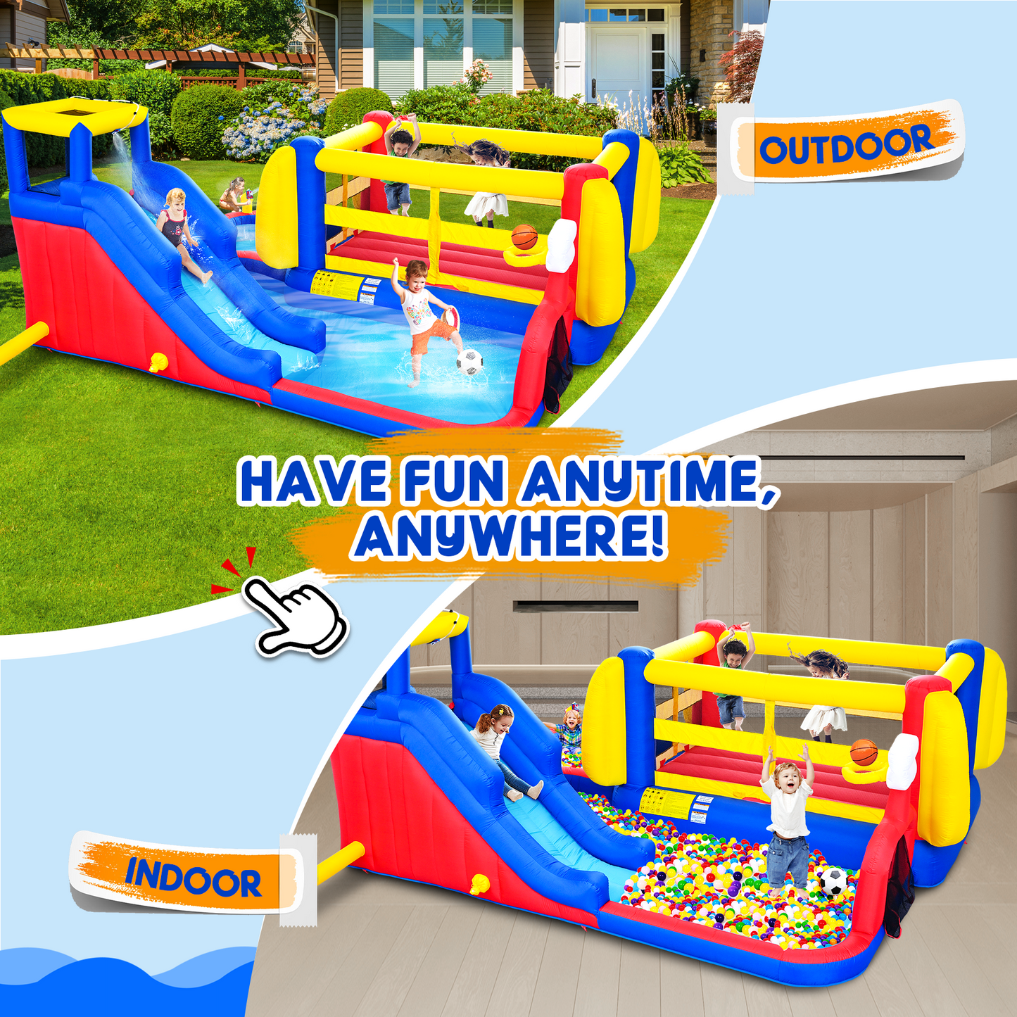 7 in1 Inflatable Slide Water Park with Deep Water Pool Basketball Hoop Football Gate Water Cannon Climb Wall Bounce House for Kids image 4