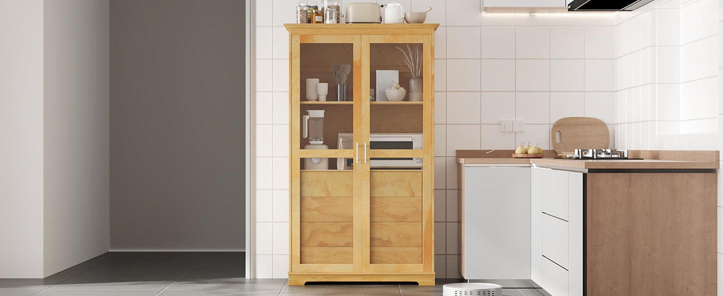TOPMAX 44.7x20x75inch Kitchen Pantry, Freestanding Kitchen Storage Cabinet Display Cabinet with Glass Doors and 4 Built-in Drawers for Living Room, Home Office, Natural image 4