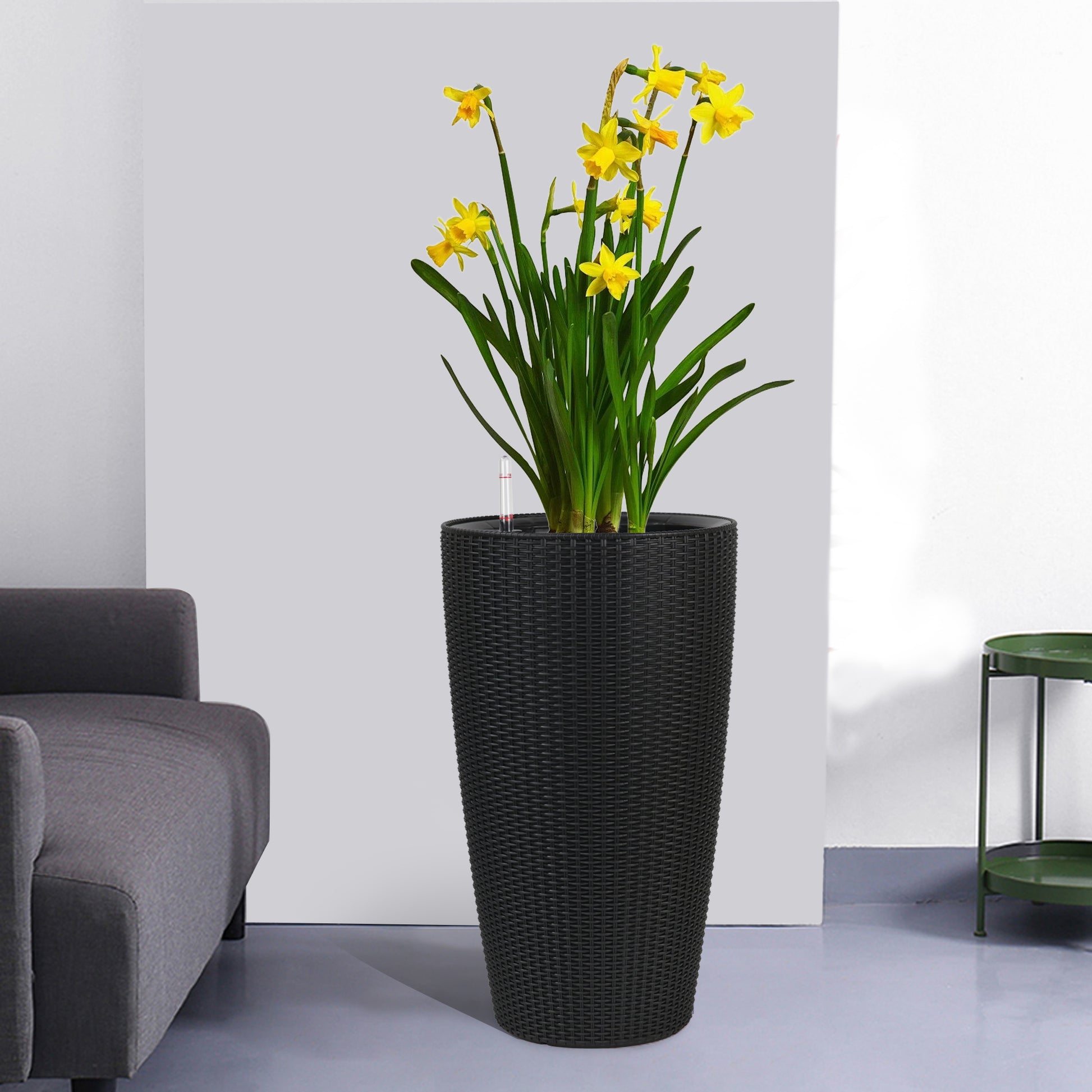 Set of 2 Faux Rattan Tall Planters Outdoor Indoor Large Planters with Water Level Monitor Inner Bucket, Automatic Watering, Flower Plant Pots for Garden, Patio, Porch, Backyard (Black, 22 inch) image 2