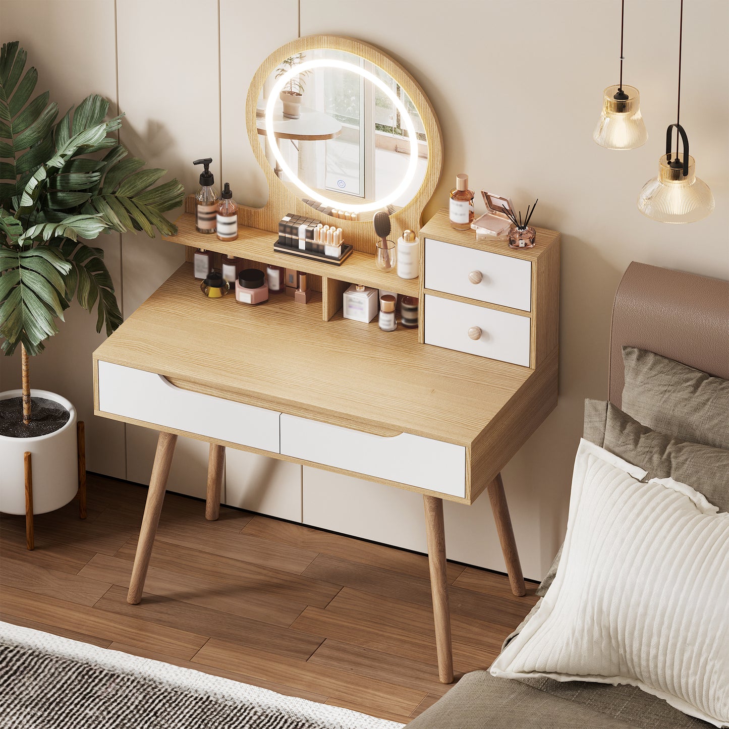 Makeup Vanity Desk with 3 Adjustable Lighted Mirror with solid wood table feet, Dressing Table Set with 4 drawers and 3 open shelves for Small space Bedroom image 6