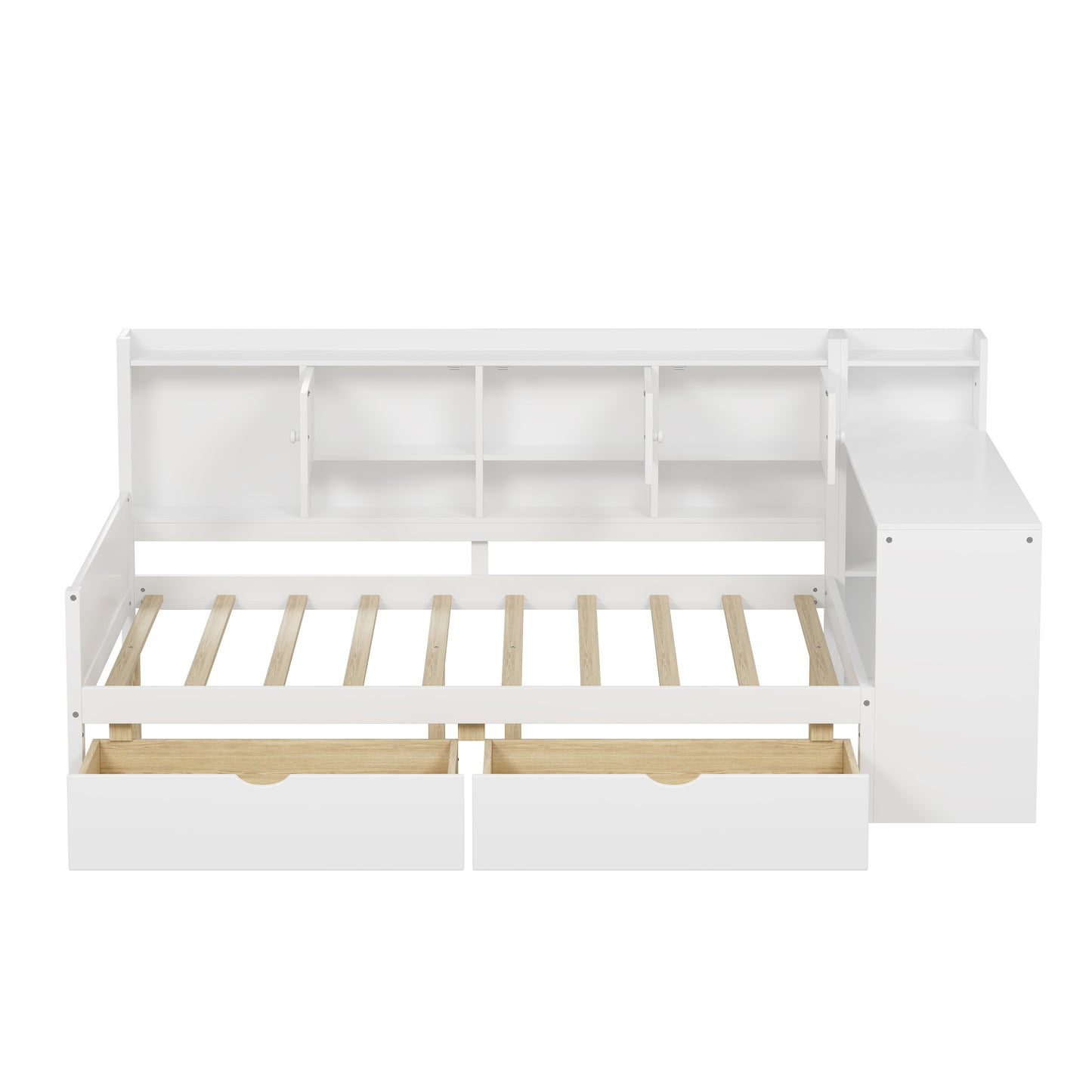 Full Size Wooden L-Shape Daybed with Seven Storage Cabinets and Two Storage Drawers, Multi-functional Bed with Study Desk and Built-in Bookshelf, White(old SKU: N733S247077K) image 4
