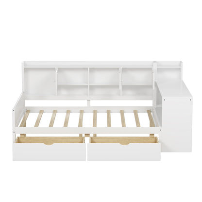 Full Size Wooden L-Shape Daybed with Seven Storage Cabinets and Two Storage Drawers, Multi-functional Bed with Study Desk and Built-in Bookshelf, White(old SKU: N733S247077K) image 4
