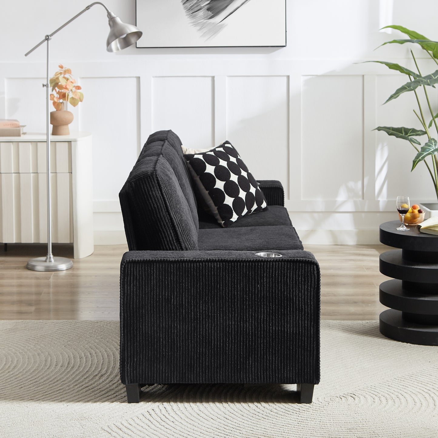 83.86"Corduroy Fabric sofa,Modern Compressed Couch,3-Seater Sofa, Furniture for Living Room,Bedroom,office,Black image 4