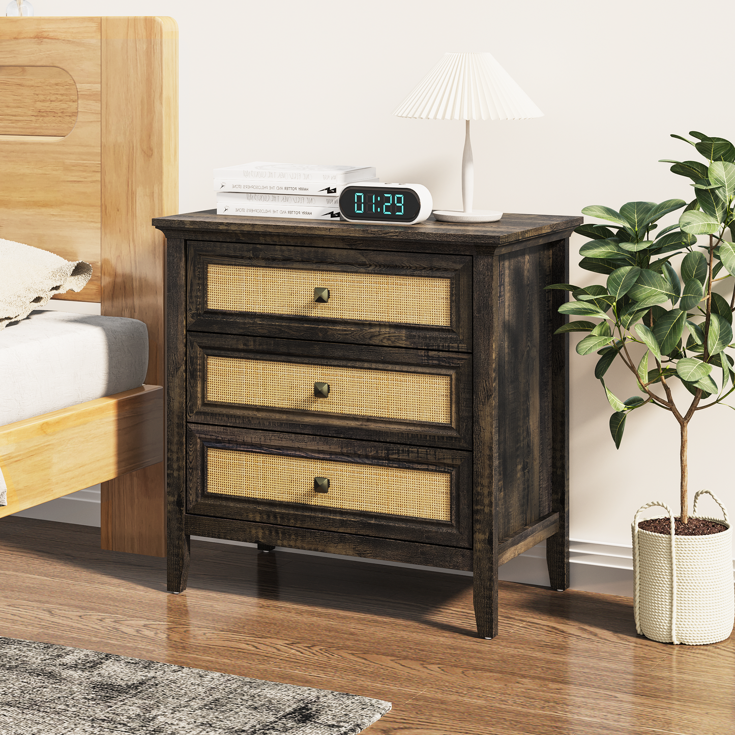 3 Drawer Dresser Rattan Dresser Wood Chest of Drawers Farmhouse Closet Dressers Modern Bedside Table Rustic Nightstand Storage Cabinet for Bedroom, Hallway, Living Room, Dark Rustic Oak image 1