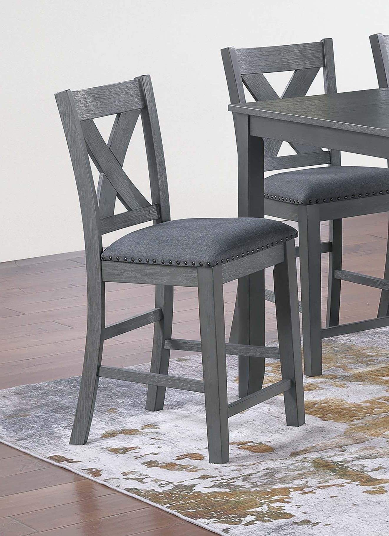 Modern Style Gray Dining Table 6x Chairs 7pcs Counter Height Set Cushion Seat Nailhead X-Cross Back Chairs Dining Room Furniture image 3