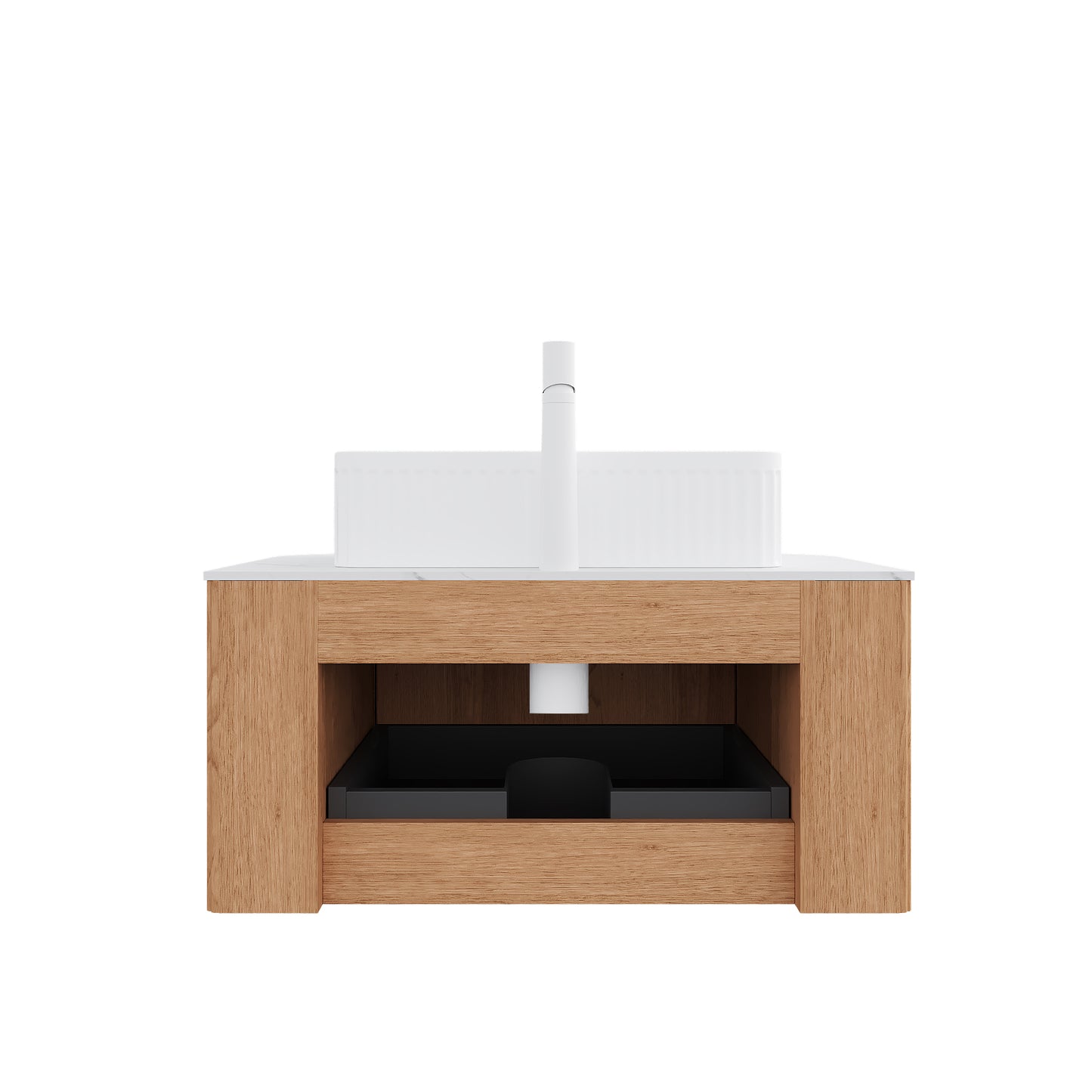 DINA 30" Bathroom Vanity with Sink, Wall-Mounted Floating Curved Edges Striped Bathroom Storage Cabinet with Drawer, White Rectangular Ceramic Basin, No Faucet, Pre-assembled, Natural Woodgrain Color image 4