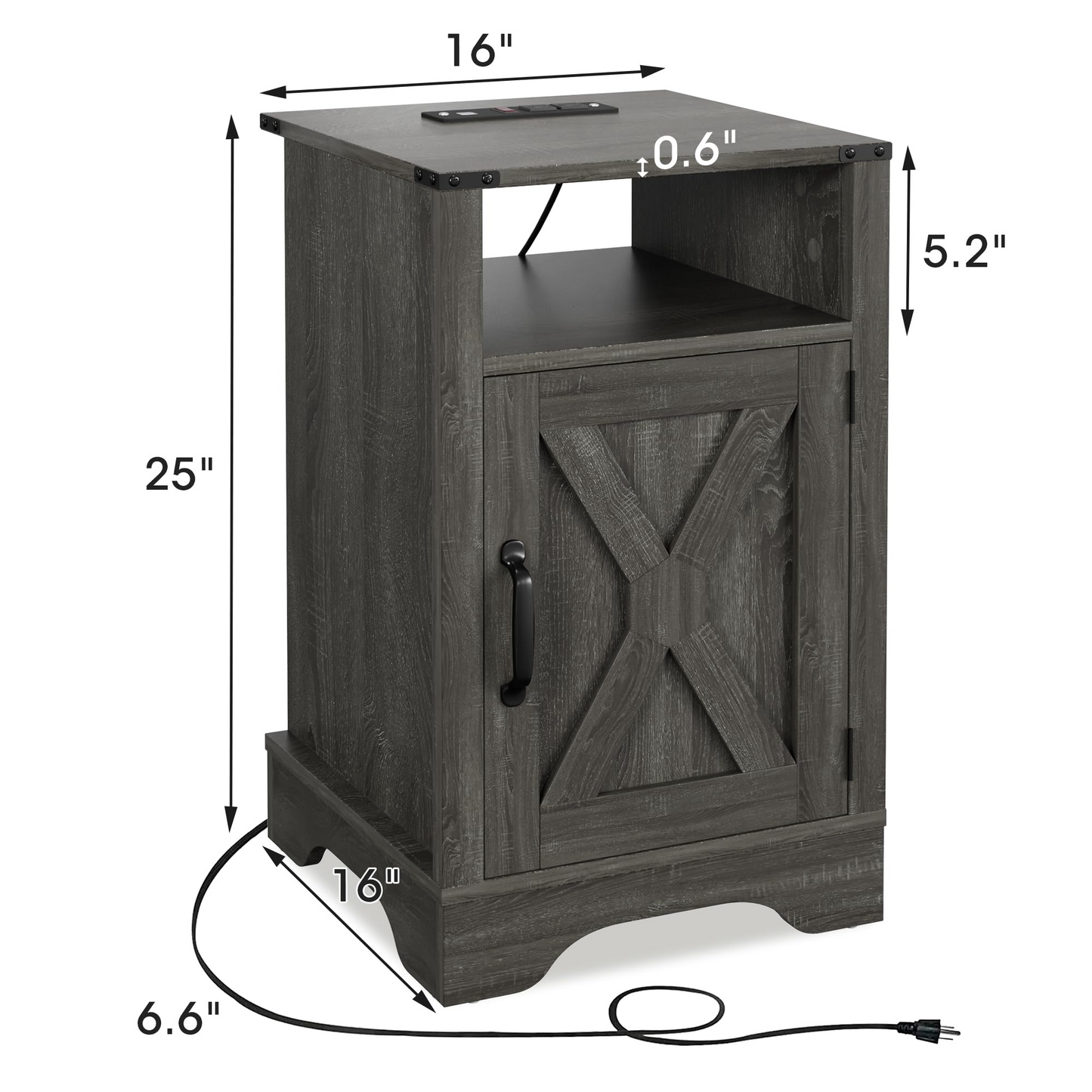 Farmhouse Nightstand with Charging Station Wooden Rustic End Table for Bedroom, Living Room, 16" D x 16" W x 25" H(Set of 1), Dark Grey image 3