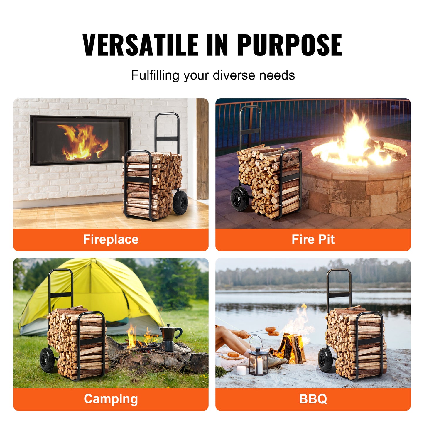Firewood Log Cart, 250 lbs Load Capacity, Outdoor and Indoor Wood Rack Storage Mover with Pneumatic Rubber Wheels, Heavy Duty Steel Dolly Hauler, Firewood Carrier for Fireplace, Fire Pit, Black image 9