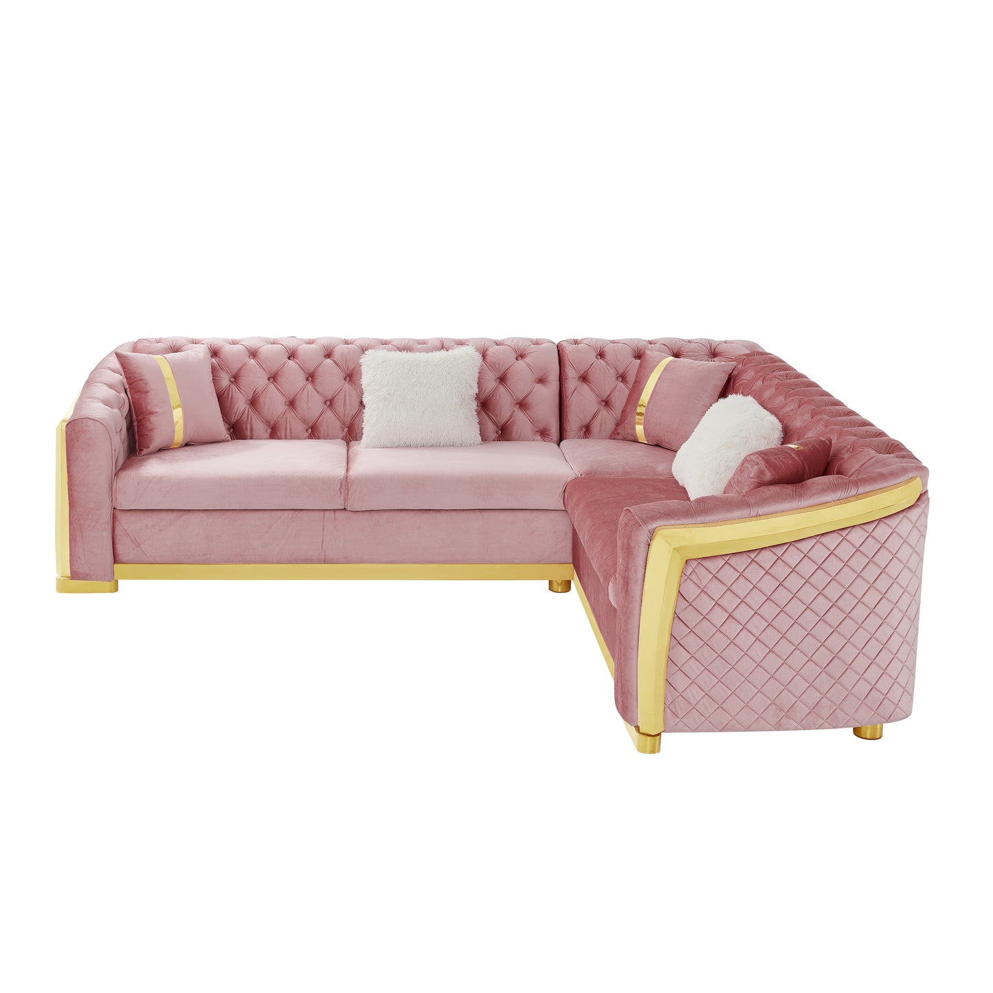106 Inches L-Shaped Chesterfield Sectional Sofa Set with Gold Stainless Steel Accents, Velvet Button Tufted Sofa with 5 Pillows Luxury Couch for Living Room, Pink image 10